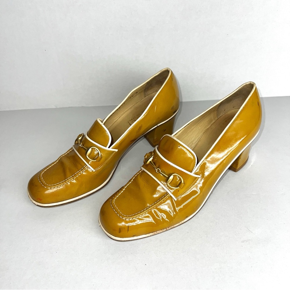Gucci Mustard Yellow Patent Leather Mid-Heel Loafers - Picture 2 of 7